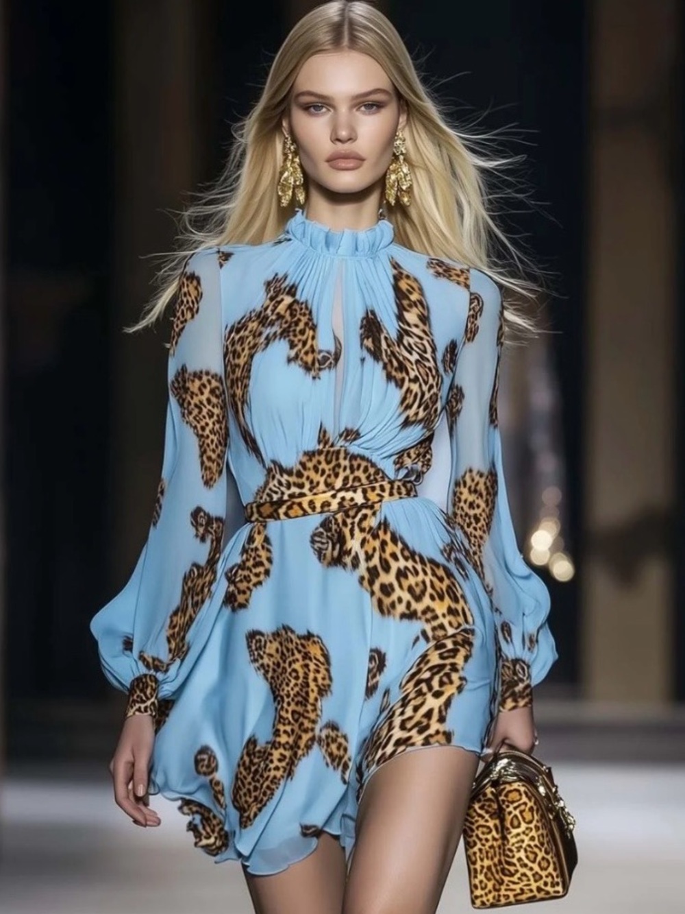 Oyrosy New Leopard Print Sky Blue Chiffon Mini Cocktail Dress Small Party Date